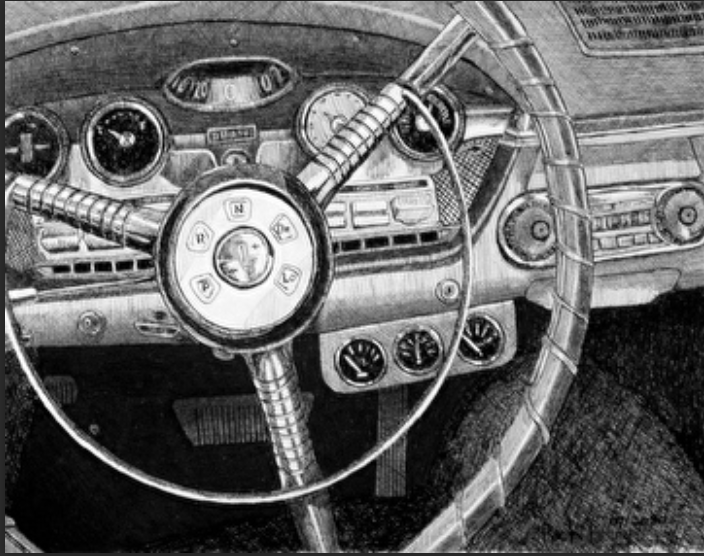 Rich Berry's vintage car wheel drawing - featured in the Fusion Fine Art gallery.
