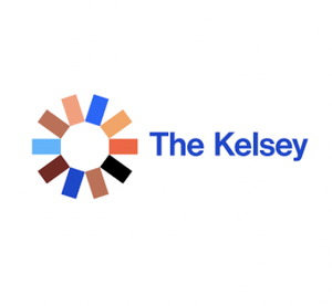 Logo with a circular design consisting of multicolored rectangles around a white space, with blue text saying 'The Kelsey' on the right.