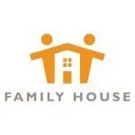 Logo of a family house with two orange hands forming the roof and two figures representing people, with a small house in the center and the text 'FAMILY HOUSE' below.