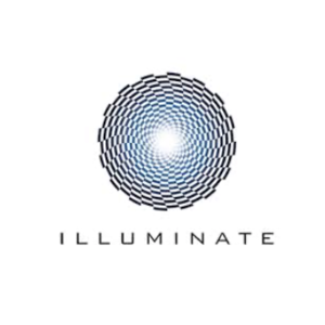 A circular geometric design consisting of concentric rings of small rectangular shapes radiating from a bright center, with the word 'ILLUMINATE' beneath it.