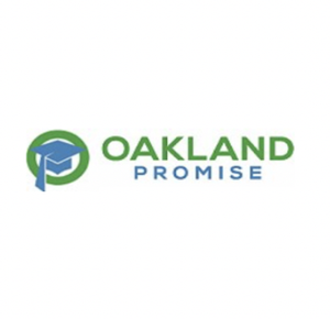 Oakland Promise logo featuring a green and blue stylized tree with a graduation cap on top.