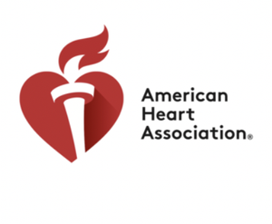 American Heart Association logo featuring a red heart with a white torch and burning flame, and black text to the right.