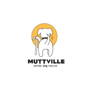 Logo for Muttville senior dog rescue featuring a dog with a bandana and a cane, with the text 'MUTTVILLE senior dog rescue'.