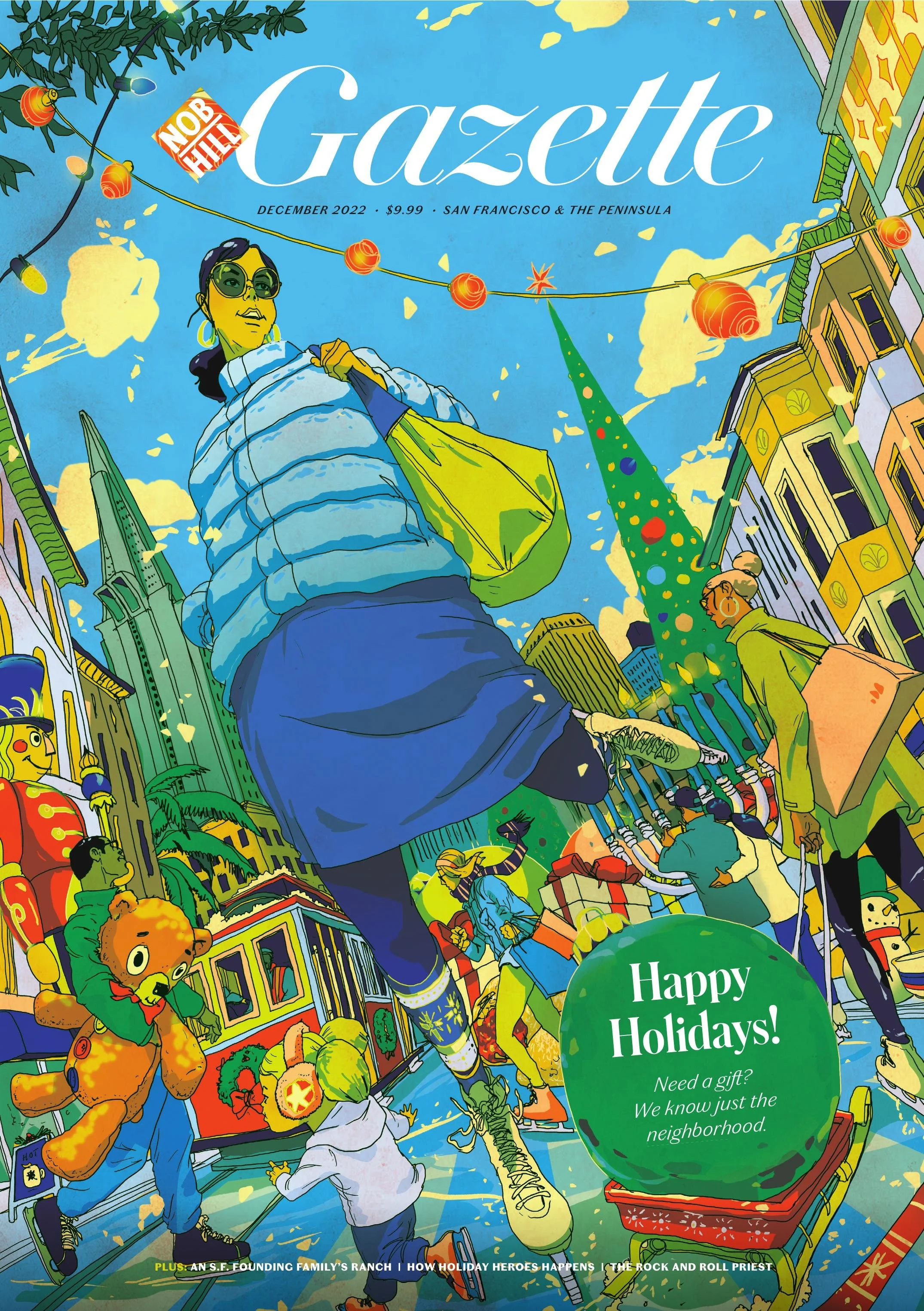 A colorful illustration of a city street during the holiday season with a large decorated Christmas tree, buildings, and people shopping and exchanging gifts. There are festive lights, a person wearing sunglasses and a puffy jacket, and a green balloon with the message 'Happy Holidays!'