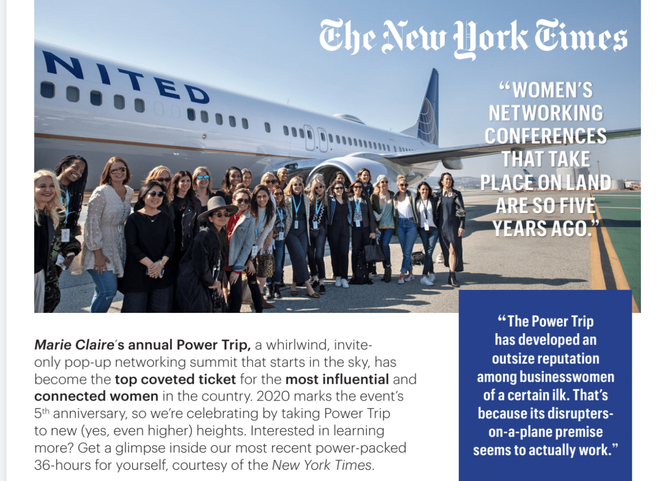 Group of women posing on an airport tarmac in front of a United Airlines airplane with the text 'The New York Times' and quotes about women's networking conferences.