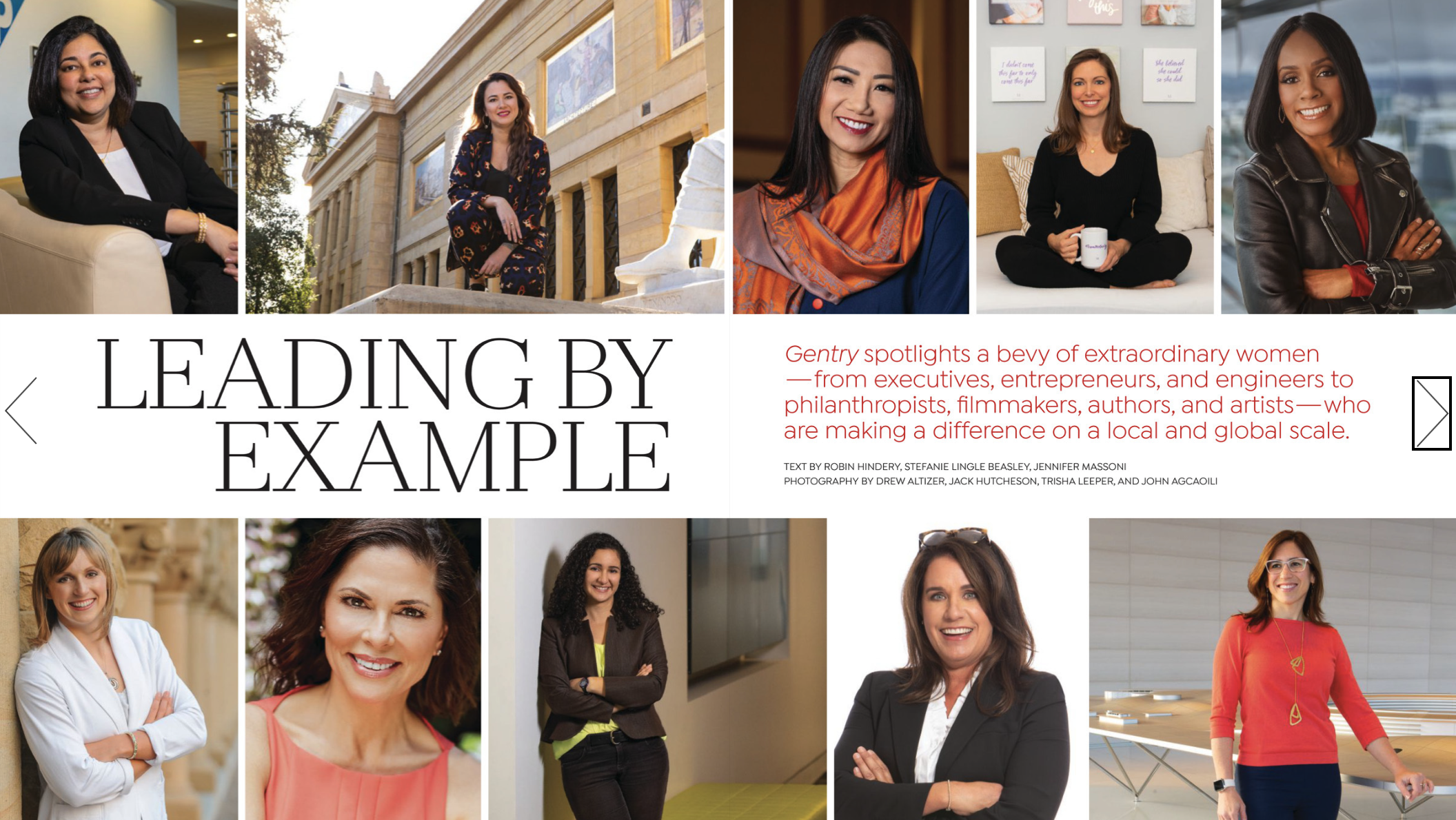 Collage of diverse professional women in various settings, with large text "Leading by Example," and a paragraph highlighting women making a difference on a local and global scale.