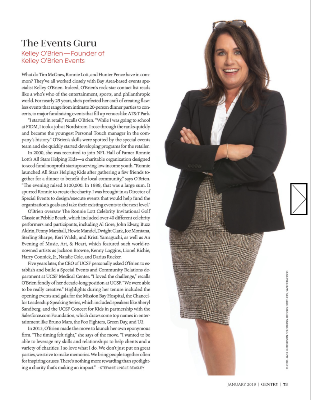 A woman in a black blazer and patterned skirt standing with her arms crossed and smiling in a professional portrait alongside an article about Kelley O'Brien in a magazine.