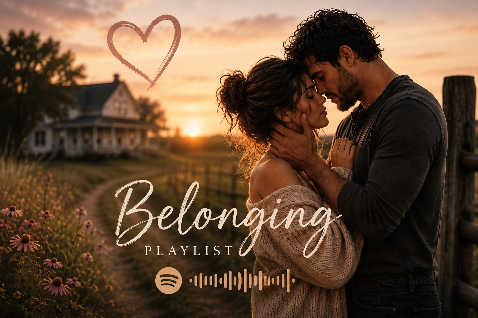 A couple embracing at sunset near a house, with a pink heart drawing and the words "Belonging Playlist" and a Spotify logo