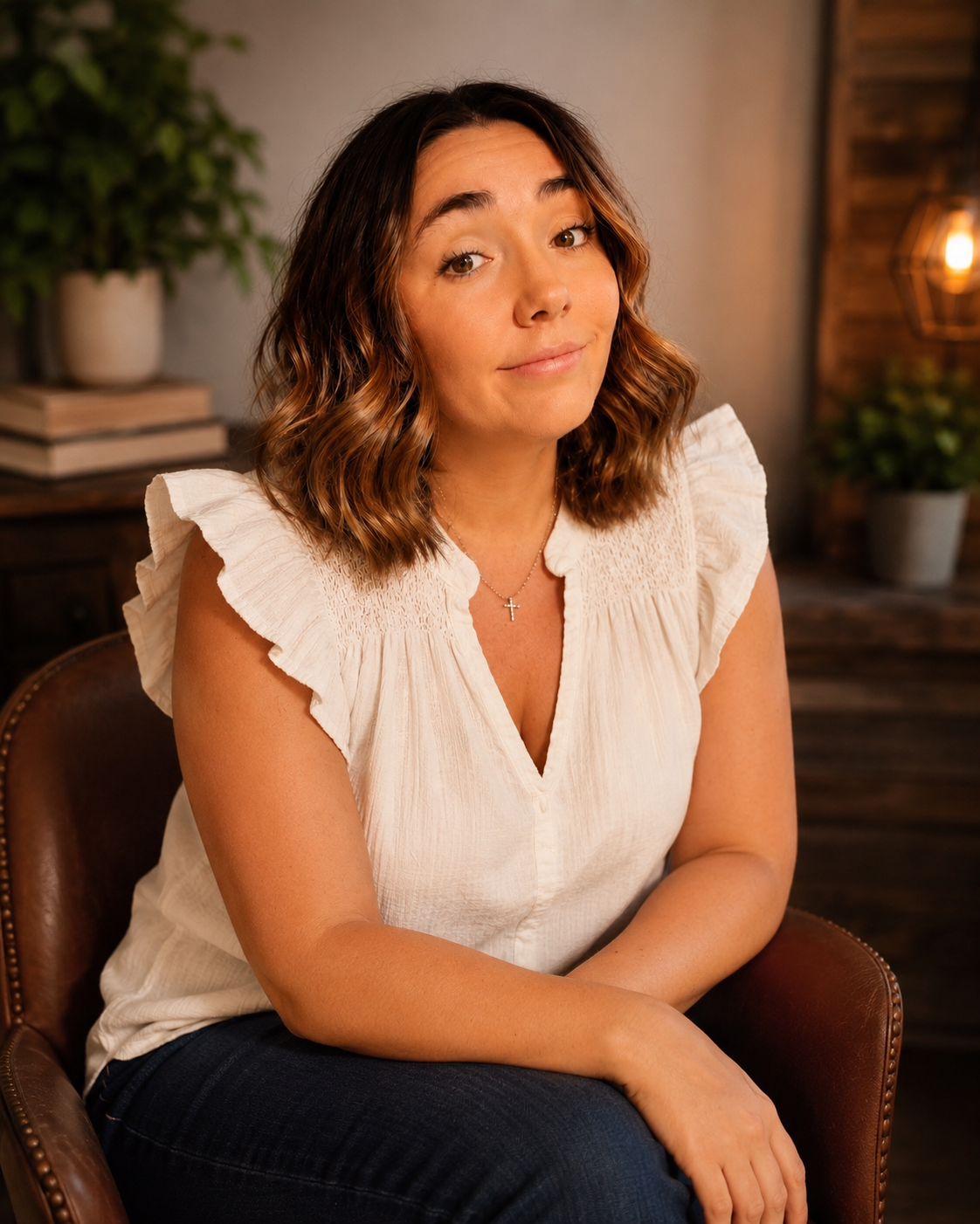 A woman with shoulder-length wavy brown hair, wearing a cream blouse and a cross necklace, sitting in a brown leather chair indoors.