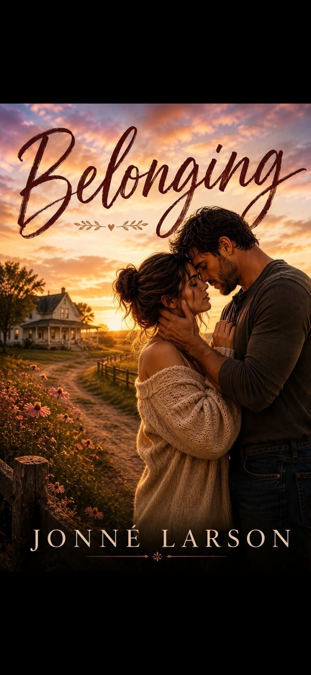 A romantic scene featuring a man and woman embracing at sunset in front of a farmhouse, with a sky filled with colorful clouds and blooming pink flowers along a dirt path.