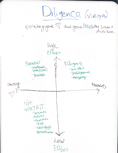 Diligence quadrant diagram with the diligence zone labeled: high effort, moving towards values — wise effort, joyful perseverance, energizing.