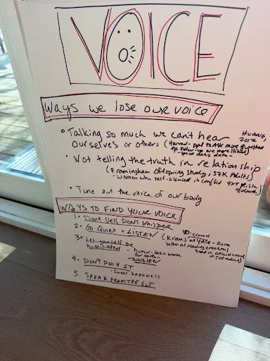 Handwritten whiteboard titled Voice listing three ways we lose our voice and five ways to find it, with study notes.