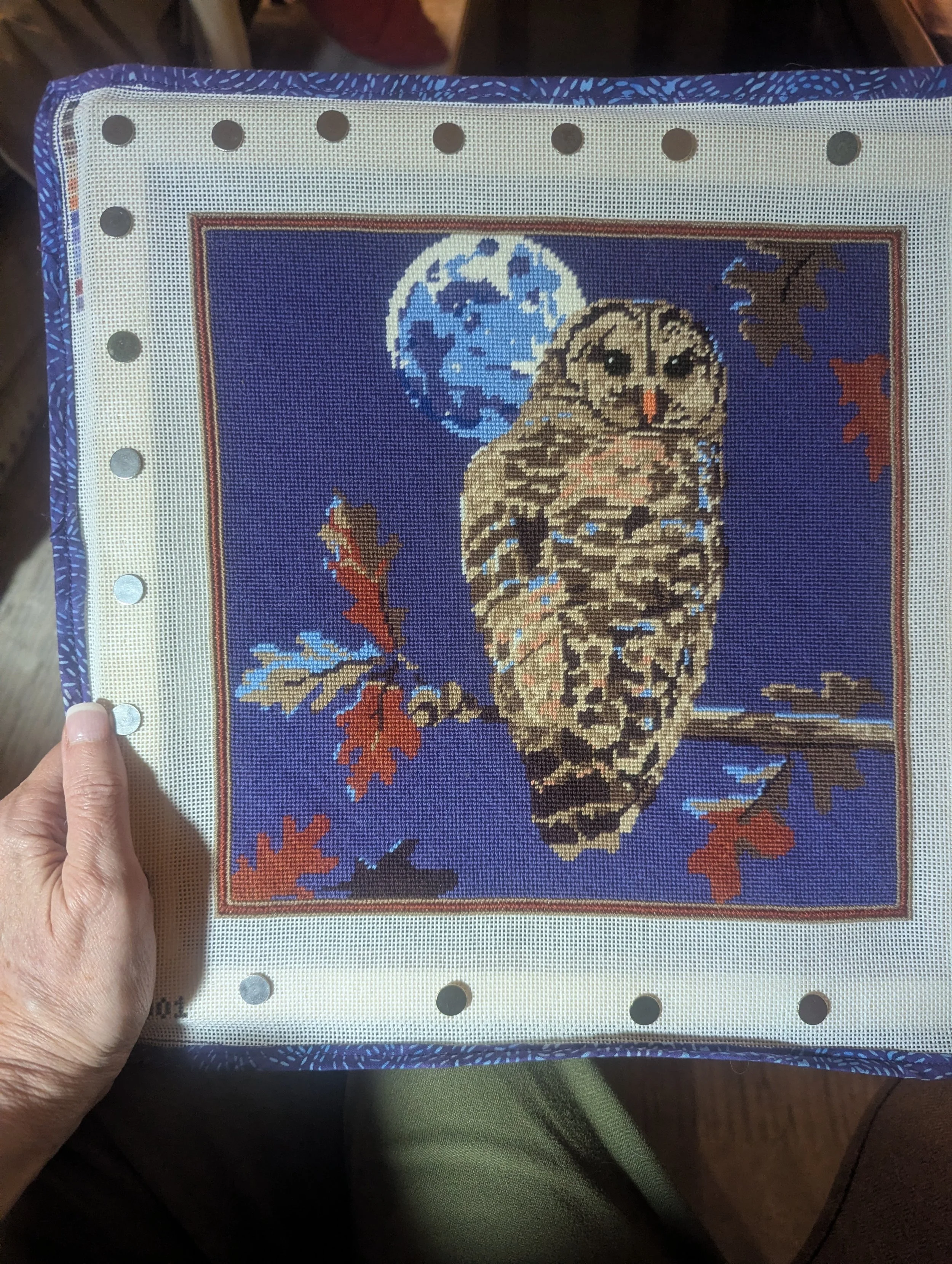 Cross-stitch embroidery of an owl perched on a branch with autumn leaves, set against a dark blue background.