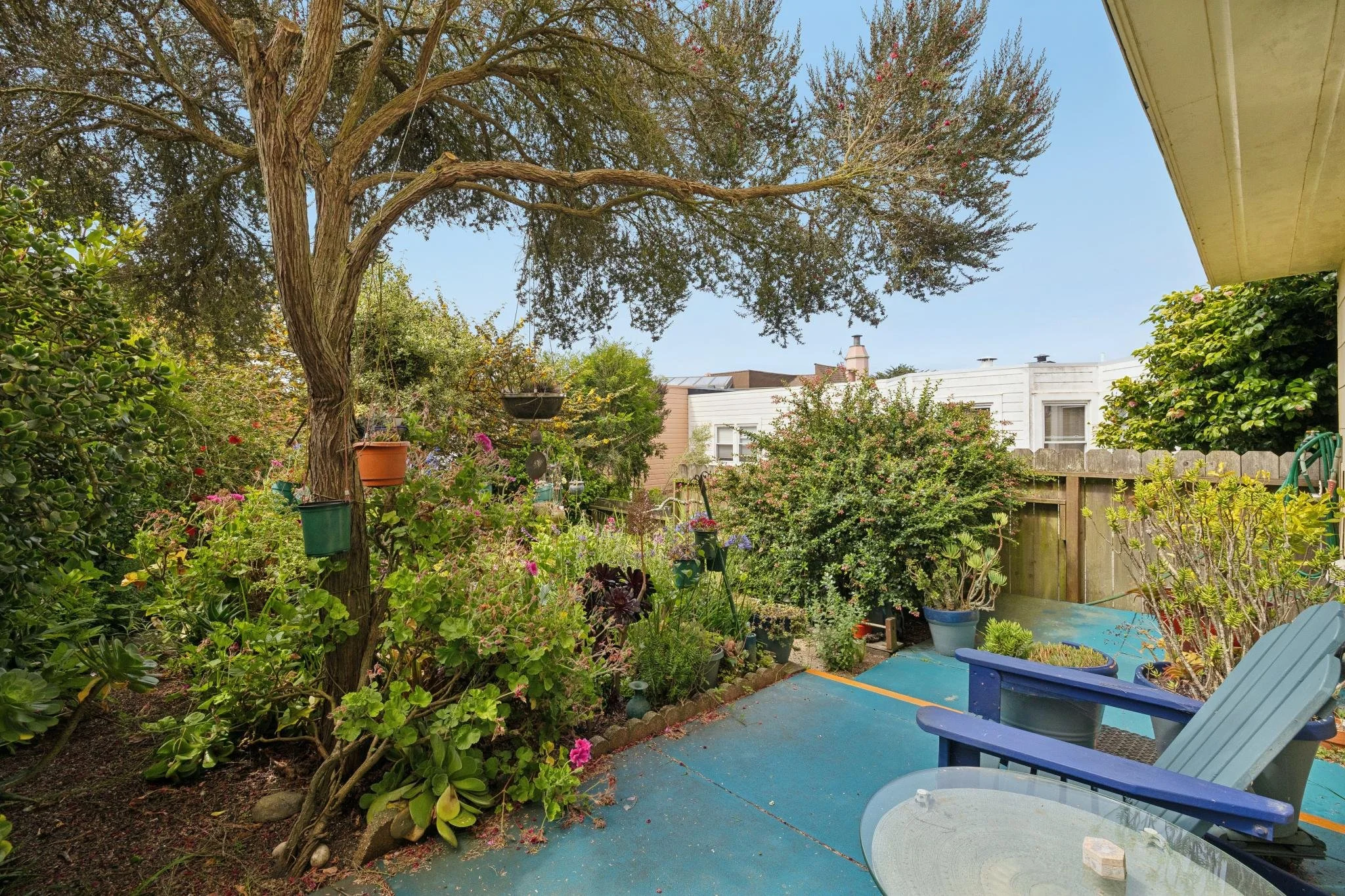 A backyard garden with a large tree, various plants, hanging pots, and a blue table with chairs under a yellow awning. A fence and neighboring house are visible in the background.