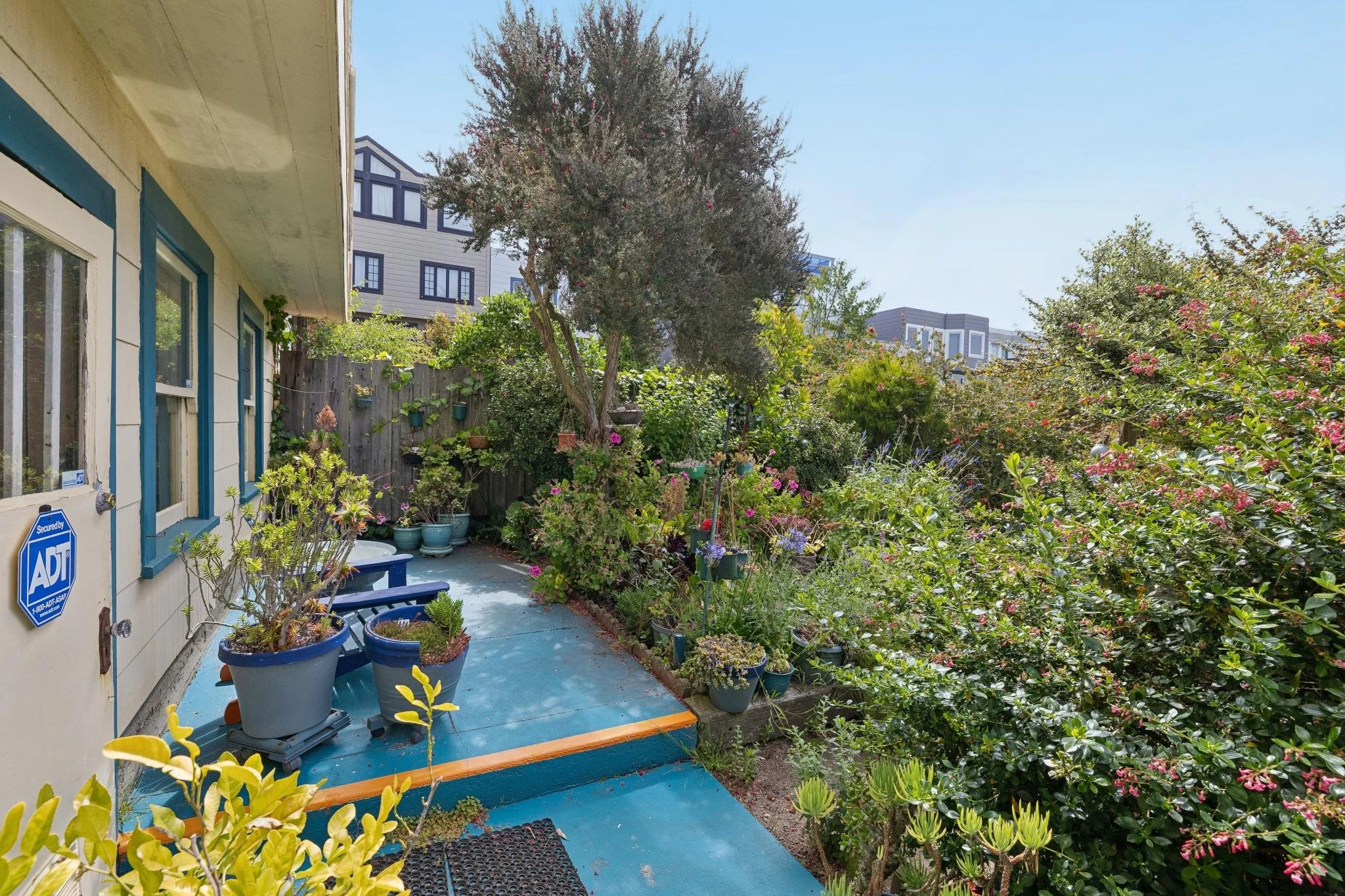 Small outdoor patio with blue painted floor and steps, surrounded by lush green bushes and flowering plants. A tall tree with pink flowers is in the background, with neighboring modern houses visible in the distance. Potted plants are placed along th