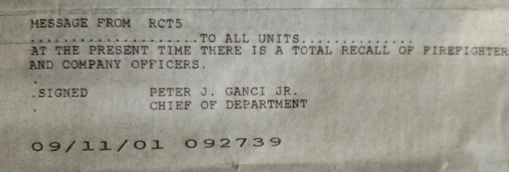 FDNY total recall ticket signed by Chief Peter J. Ganci Jr., 09/11/01 09:27:39