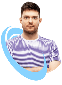 A young man with short dark hair, wearing a light-colored striped t-shirt, standing against a black background with blue abstract shapes.