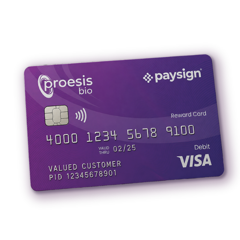 A purple VISA debit card from Proesis Bio and Paysign, featuring a chip, contactless symbol, card number, expiration date, and customer ID, with a black background.