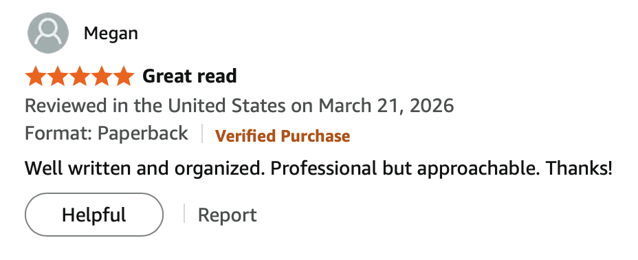 Screenshot of a book review by Megan, rating it five stars and describing it as well written, organized, professional, yet approachable, posted on March 21, 2026.