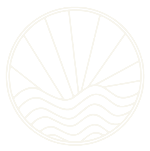 Minimalist logo with a circle, featuring rising sun rays and wavy water lines inside.