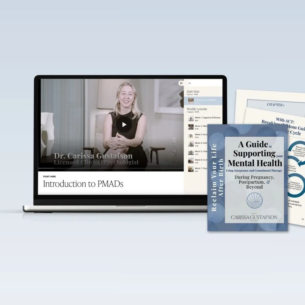 A laptop displaying an online course video on PMADs with a smiling woman, Dr. Carissa Gustafson, labeled as a licensed clinical psychologist, alongside printed guides about mental health support tailored for pregnancy, postpartum, and beyond.