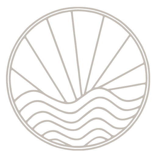 A line drawing of a circular design with abstract sun rays and wavy lines.