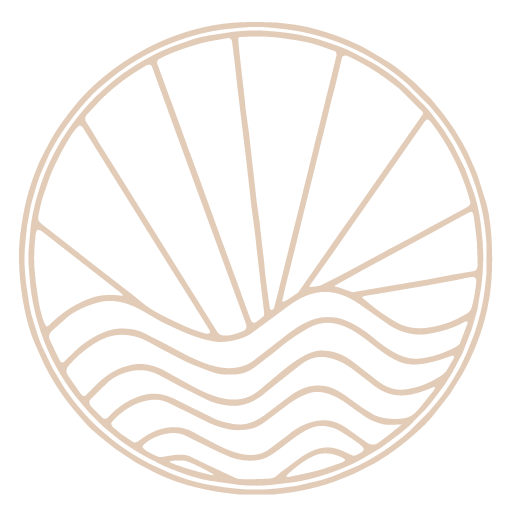 An abstract circular design with curved lines and rays, resembling a stylized sun or landscape.