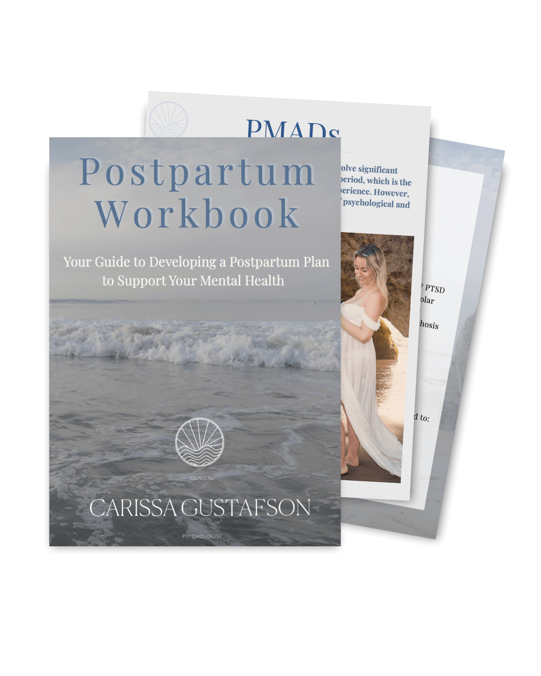 Cover of a postpartum workbook titled "Postpartum Workbook" with an image of ocean waves and a beach scene, authored by Carissa Gustafson, psychologist.