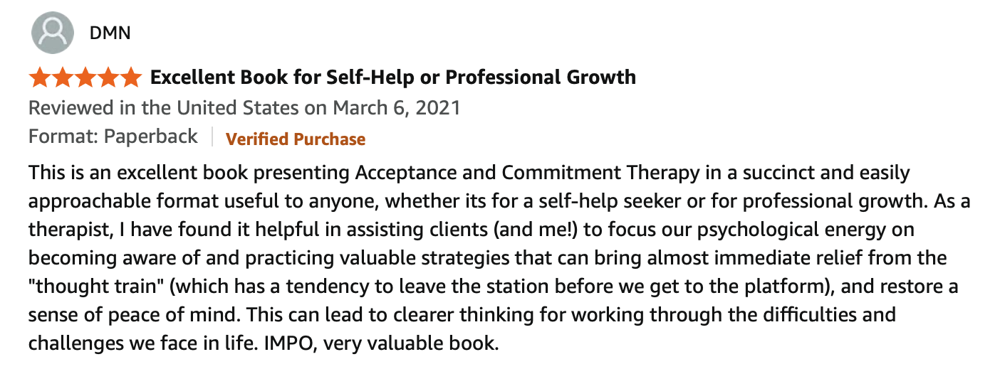Screenshot of a book review on an online retail platform, with a five-star rating, titled 'Excellent Book for Self-Help or Professional Growth,' reviewed on March 6, 2021, mentioning acceptance and commitment therapy.
