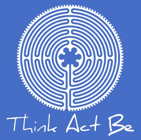 A blue circular maze with a snowflake in the center, and the phrase "Think Act Be" written below in white handwritten text.
