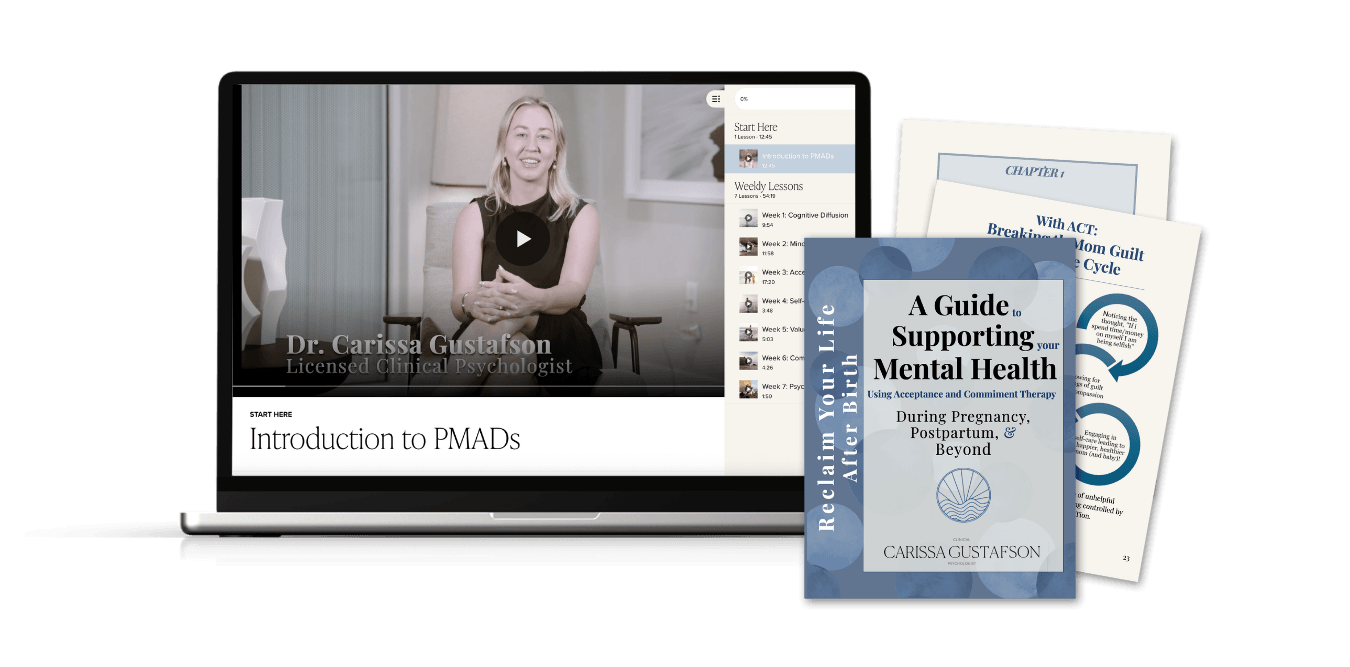 A laptop displaying an online course by Dr. Carissa Gustafson titled 'Introduction to PMADs,' with the instructor visible on the screen, and several printed booklets and pages about supporting mental health during pregnancy and postpartum placed beside it.