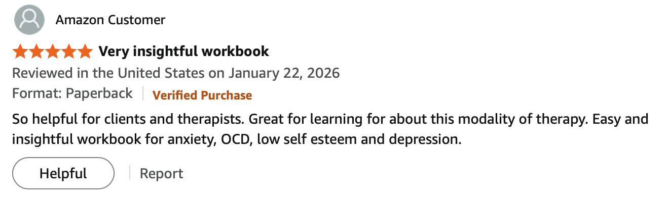 Screenshot of a 5-star Amazon review for a workbook, dated January 22, 2026. The review describes the workbook as very insightful, helpful for clients and therapists, and useful for learning about therapy modalities, especially for anxiety, OCD, low self-esteem, and depression.