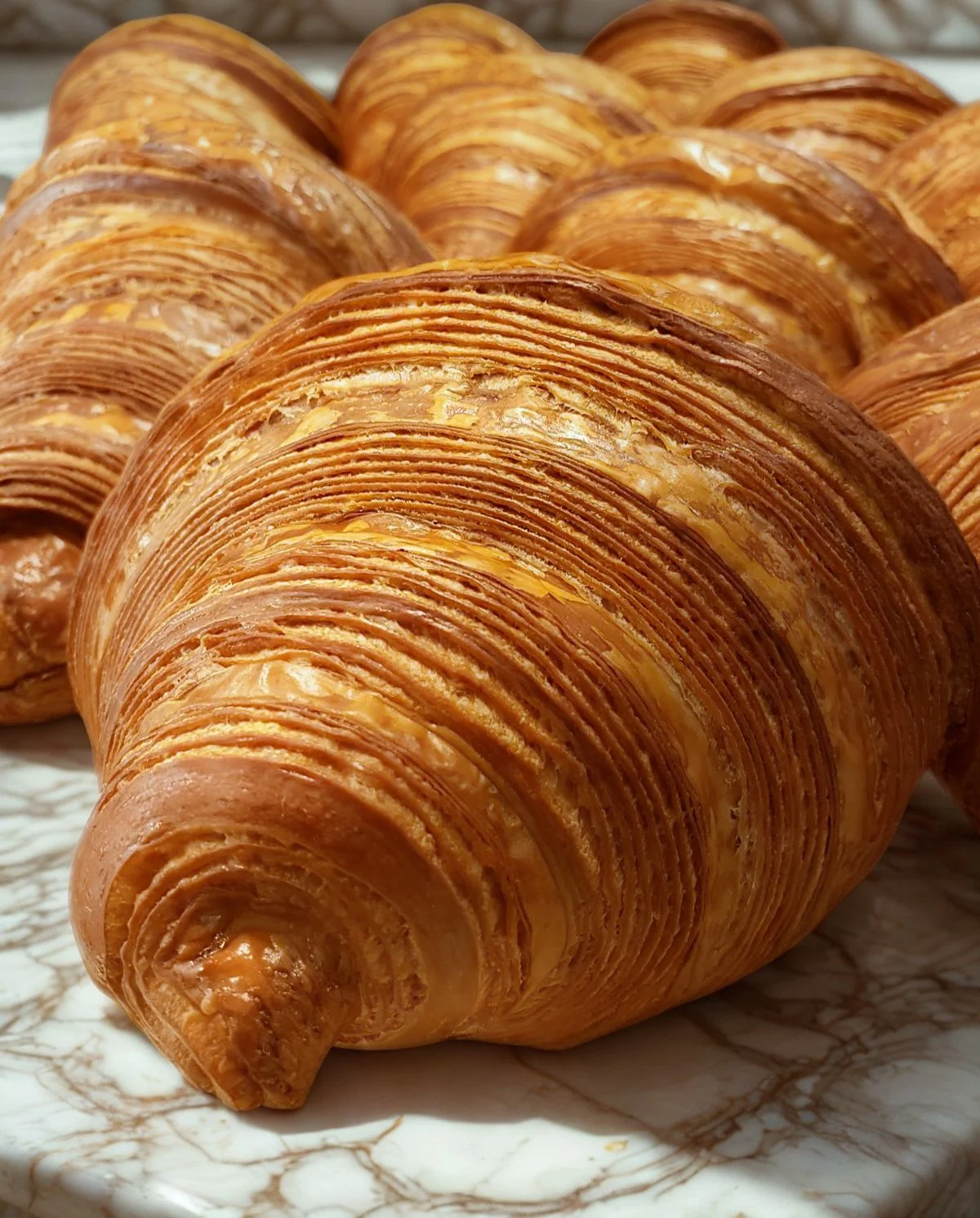 Multiple fresh baked golden-brown butter croissants stacked on a marble surface in myrtle beach, south carolina