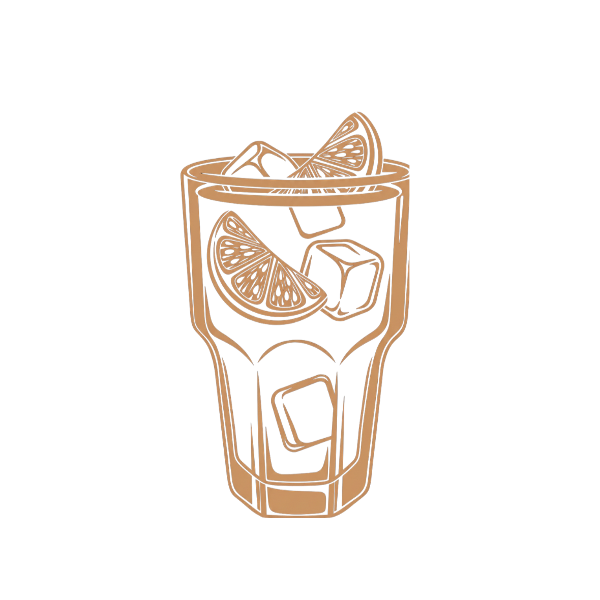 Line drawing of a glass filled with ice cubes, lemon wedges, handcrafted iced coffee and tea in myrtle beach