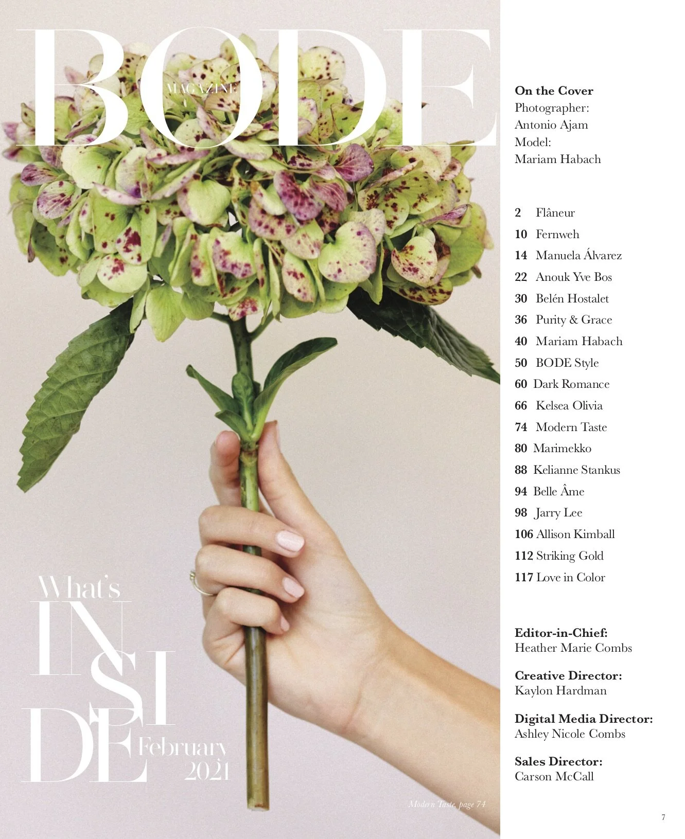 Magazine cover featuring a hand holding a pink and green hydrangea flower, with text listing articles and names on a white background.