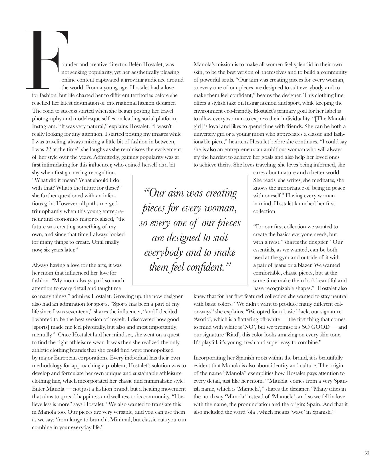 A magazine article about designer Belén Hostalet, featuring a large quote about creating pieces for women, with the quote emphasized in a centered box.