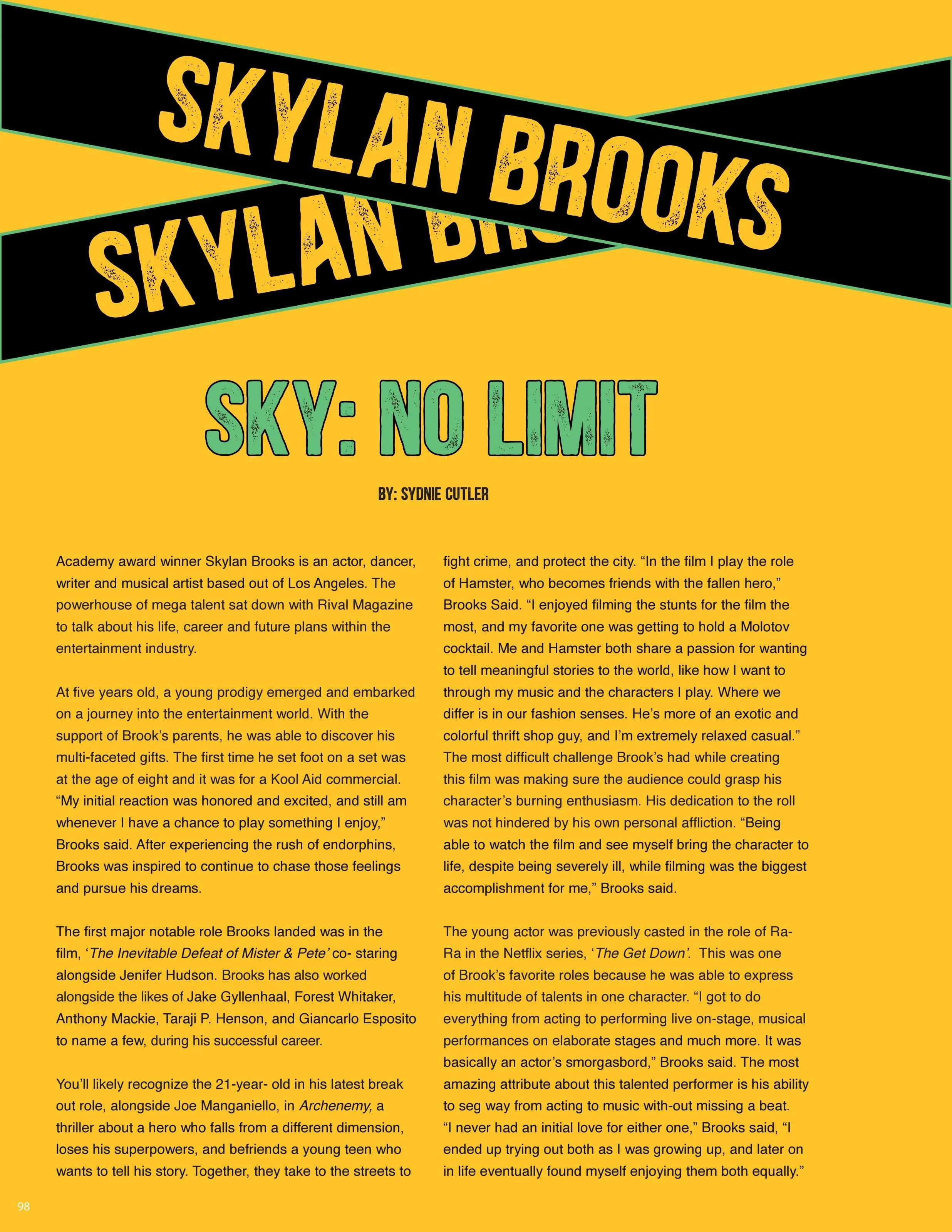Page from a magazine or book with yellow background, black and yellow text, and some smaller black text. The main header reads 'SKYLAN BROOKS' and 'SKY: NO LIMIT.' There is a byline attributing the article to Sydnie Cutler. The text discusses Skylar 