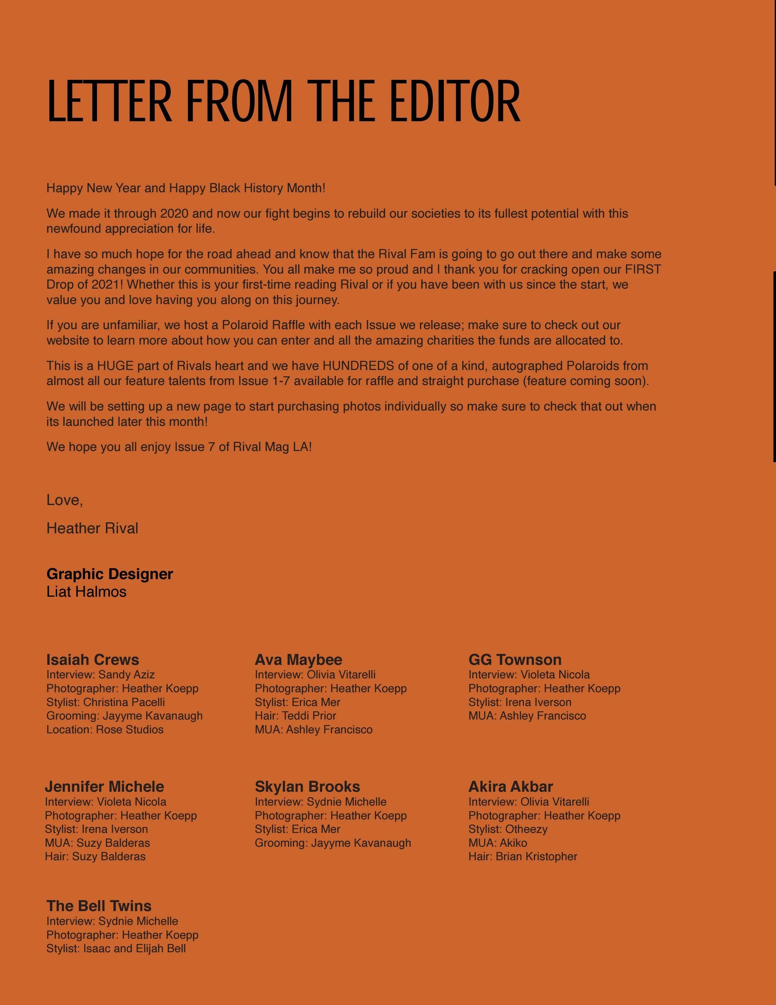 Page titled 'Letter from the Editor' with a letter praising resilience since 2020, mentions Black History Month, and discusses upcoming features, including a Polaroid raffle. Below the letter, there are names and roles of people involved, such as Hea