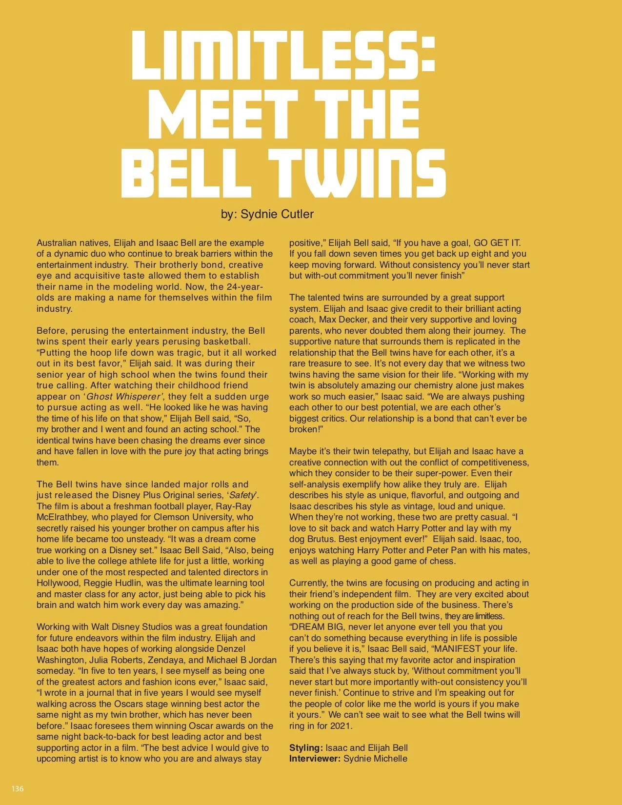 An article titled 'Limitless: Meet the Bell Twins' by Sydnie Cutler, discussing Elijah and Isaac Bell's careers and personal lives, with a yellow background and black text.