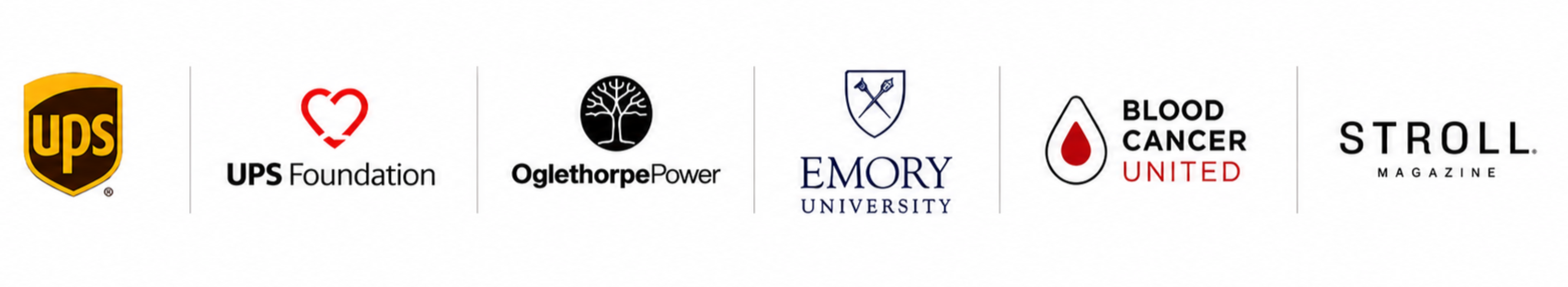 Logos of six organizations: UPS, UPS Foundation, Oglethorpe Power, Emory University, Blood Cancer United, and Stroll Magazine.