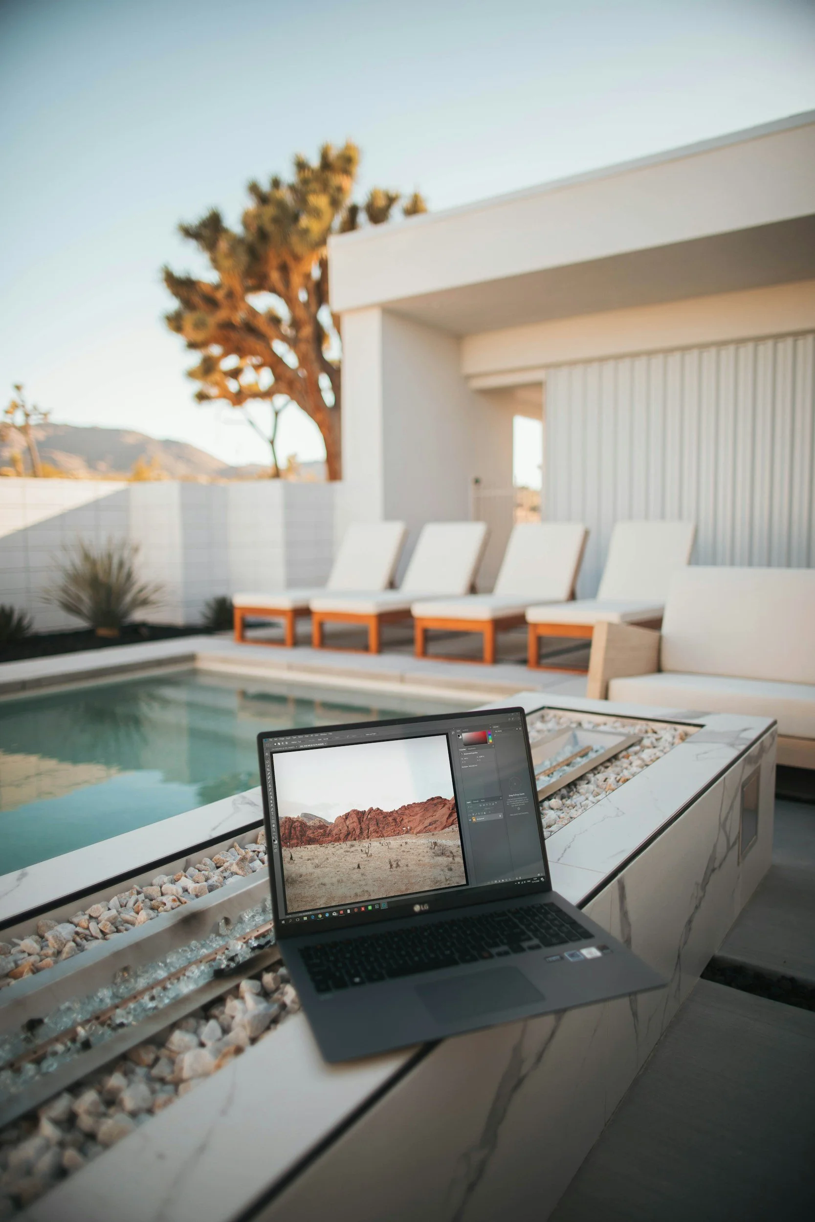 pscale modern patio lounge with tablet prepared for a secure virtual therapy session in Palm Springs