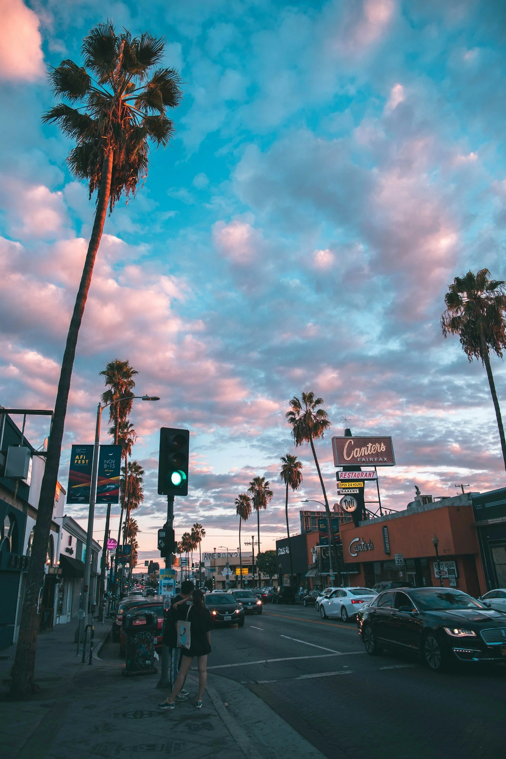 Pink sky over palm trees in West Hollywood California.
