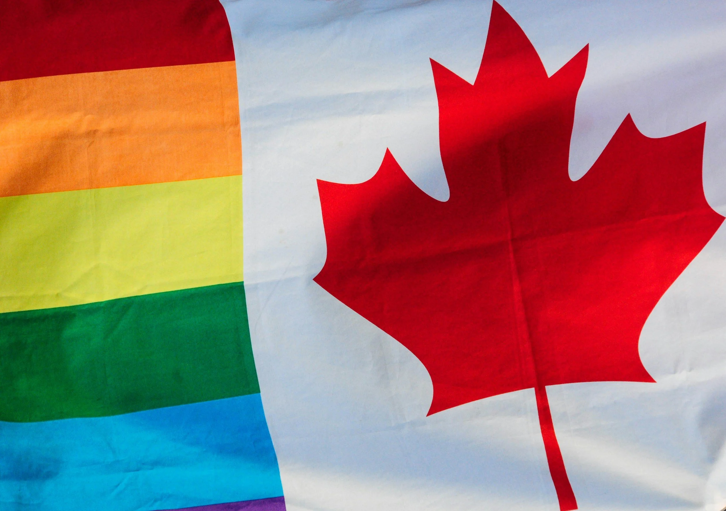 An image of a Canadian flag with the pride flag embedded in it to show Canada's strength in pride and diversity.  moving through the busy city.