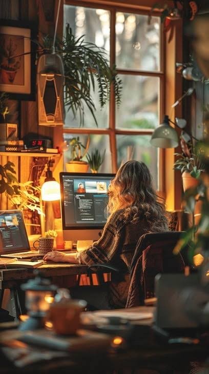 Cozy evening workspace with computer set up for a private virtual therapy session