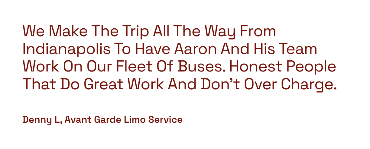 Text advertising a limousine service from Indianapolis to Aaron, emphasizing honest and hardworking team members who do not overcharge.