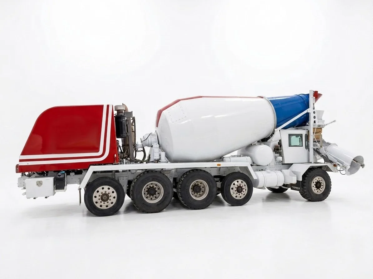 SRM concrete mixer truck expertly coated with durable industrial paint for weather-resistant, high-visibility fleet finishes.