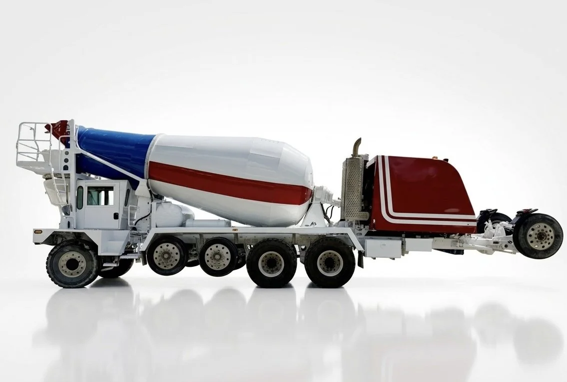 Red, white and blue SRM concrete mixer professionally painted and detailed with high-performance coatings for lasting protection.