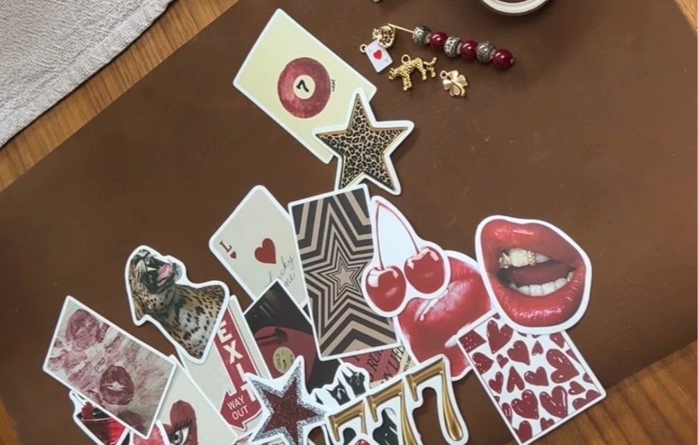 Assorted cutout stickers and small jewelry pieces with a red and black color theme on a wooden surface, including lips, cherries, a star, a leopard, and playing cards.