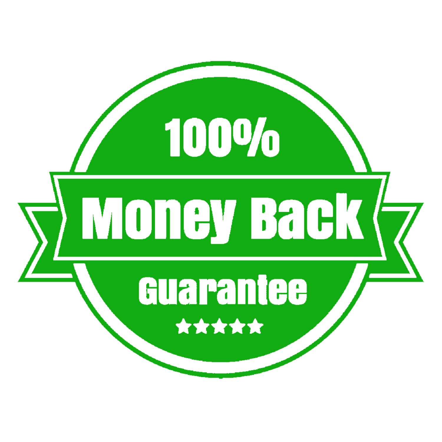 Green circular badge with black text and stars, stating "100% Money Back Guarantee."