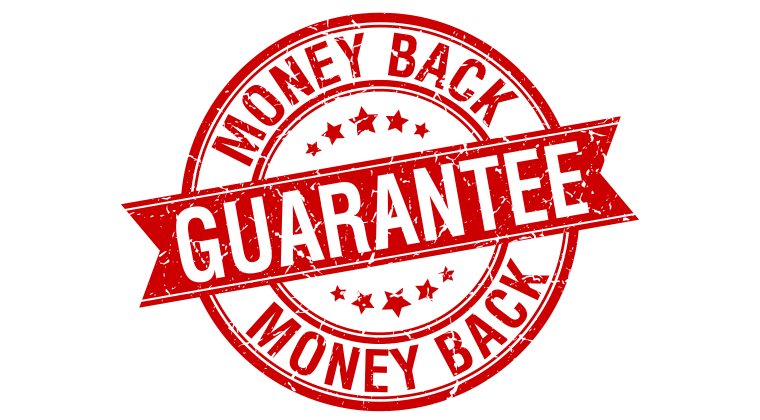 Red circular stamp with white text that reads 'GUARANTEE' across the center and 'MONEY BACK' around the edge, with a distressed texture.
